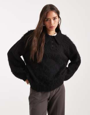 ASOS DESIGN - Angerauter Rugby-Pullover in Schwarz mit Polokragen