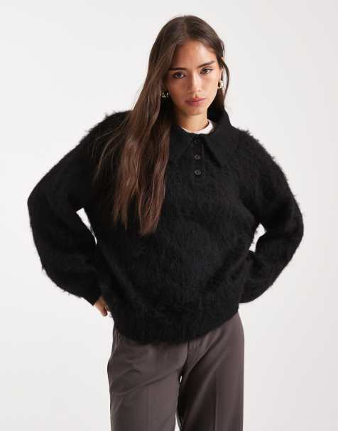 ASOS DESIGN – Angerauter Rugby-Pullover in Schwarz mit Polokragen - view 1