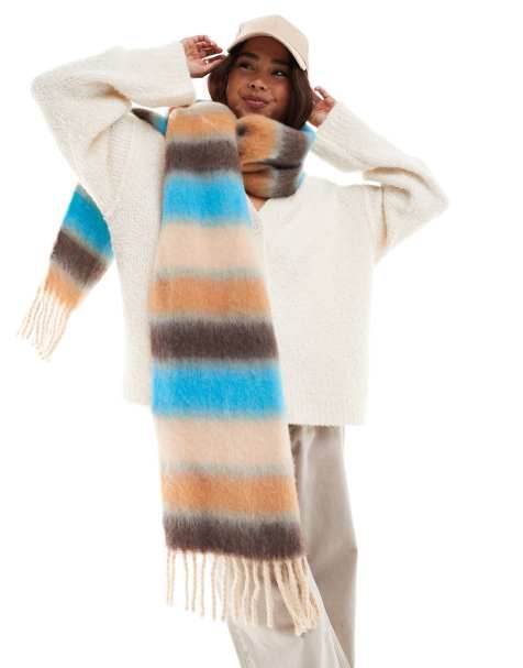 ASOS DESIGN – Angerauter Schal mit Streifen in Blau und Orange - view 1