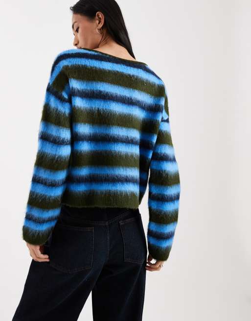 ASOS DESIGN – Angerauter Strickpullover in Blau mit Streifenmuster, 4 von 4