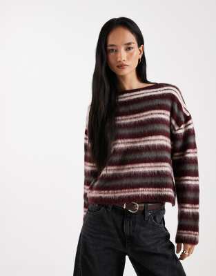 ASOS DESIGN - Angerauter Strickpullover in Burgunderrot mit Streifenmuster-Bunt
