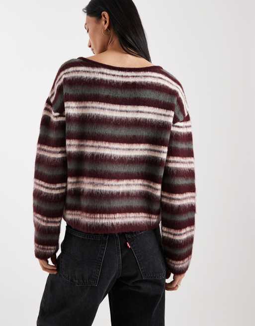 ASOS DESIGN – Angerauter Strickpullover in Burgunderrot mit Streifenmuster, 4 von 4