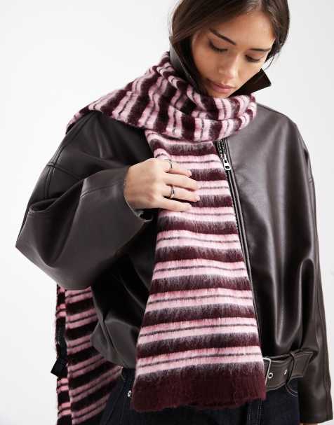 ASOS DESIGN – Angerauter Strickschal in Pflaume mit Streifen - view 1