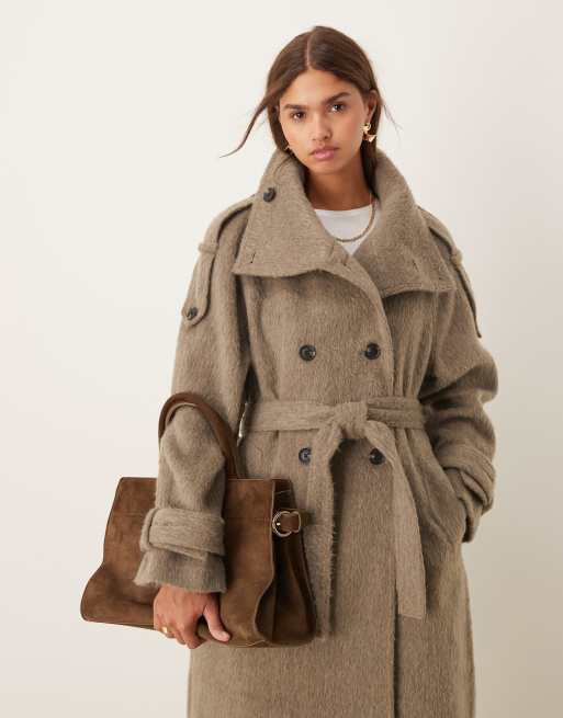 ASOS DESIGN – Angerauter Trenchcoat in Pilzbraun mit Stehkragen, 4 von 4