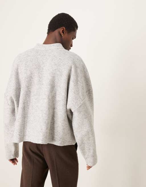 ASOS DESIGN – Angerautes Cropped-Sweatshirt in Grau meliert mit Oversize-Passform, Stehkragen und tief angesetzter Schulter, 3 von 4