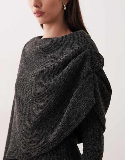 ASOS DESIGN – Angerautes, geripptes Cape-Minikleid in Anthrazit, 3 von 4