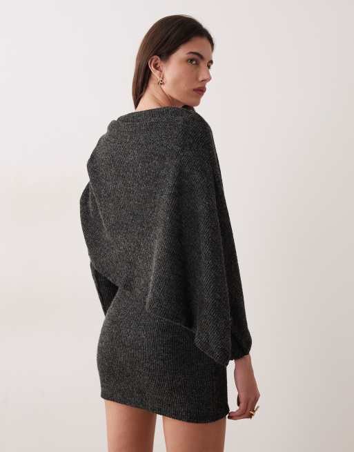 ASOS DESIGN – Angerautes, geripptes Cape-Minikleid in Anthrazit, 4 von 4