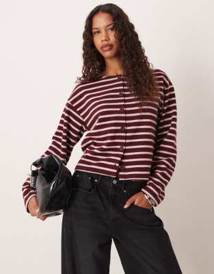 ASOS DESIGN - Angerautes Oberteil in Burgunderrot mit Streifen und durchgehender Knopfleiste, Kombiteil
