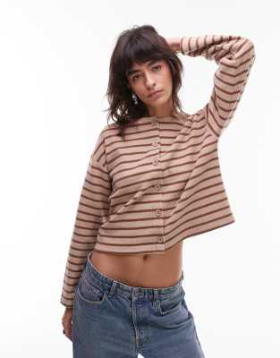 ASOS DESIGN - Angerautes Oberteil in Hellbeige mit durchgehender Knopfleiste und Streifen, Kombiteil-Weiß
