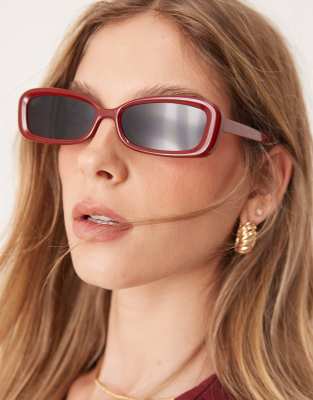 ASOS DESIGN - Angeschrägte, eckige Sonnenbrille in glänzendem Rot mit schmalem Design