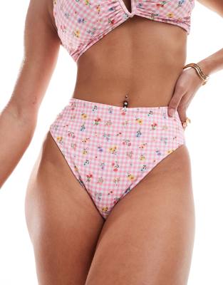 ASOS DESIGN - Angie - Bikinihose mit Vichy-Karos und Blumenmuster, hohem Beinausschnitt und hohem Bund-Rosa