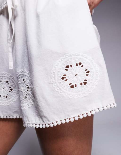 ASOS DESIGN Angie cotton poplin broderie beach shorts in cream