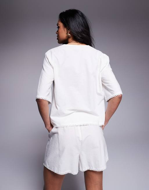 ASOS DESIGN Angie cotton poplin broderie tie front beach top in cream