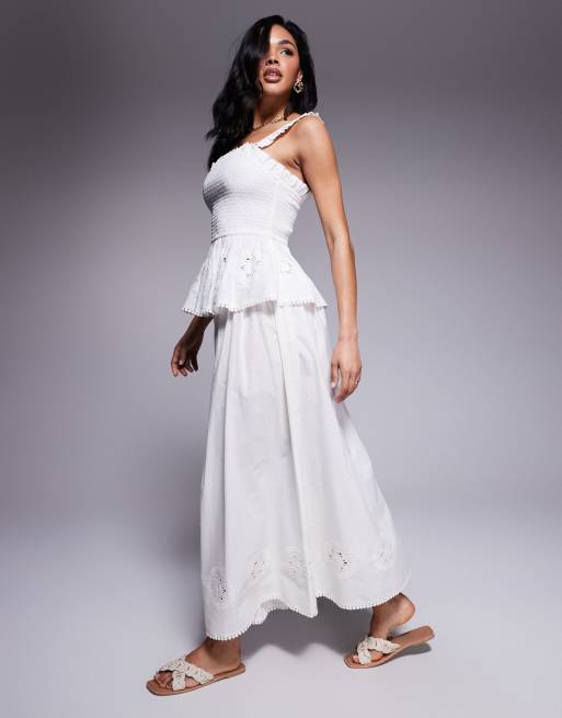 ASOS DESIGN - Angie - Maxi strandrok van katoenen broderie poplin met striksluiting in crème, 3 van 5