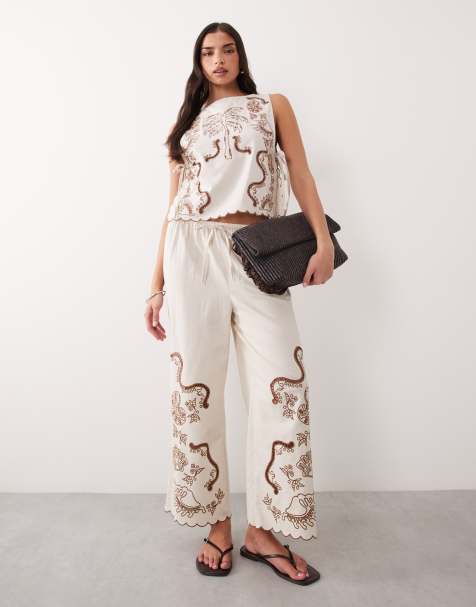 ASOS DESIGN Angie Palm beach tropical embroidered tie side tank in stone - view 1