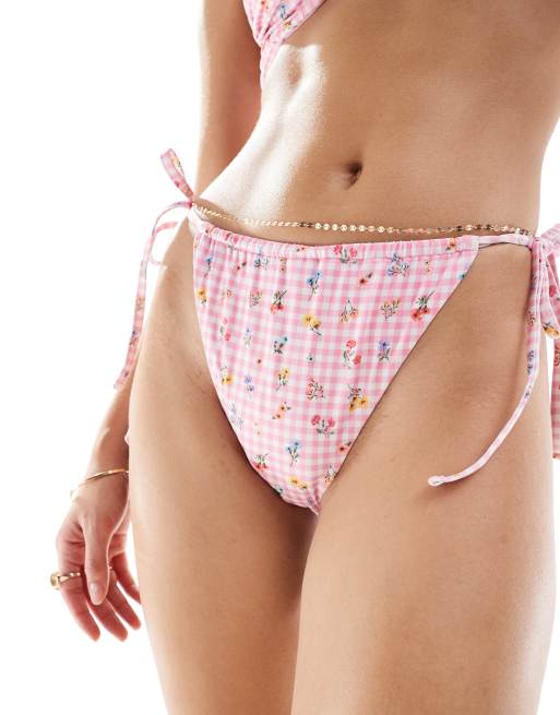 ASOS DESIGN Angie tie side bikini bottom in gingham floral, 2 of 4