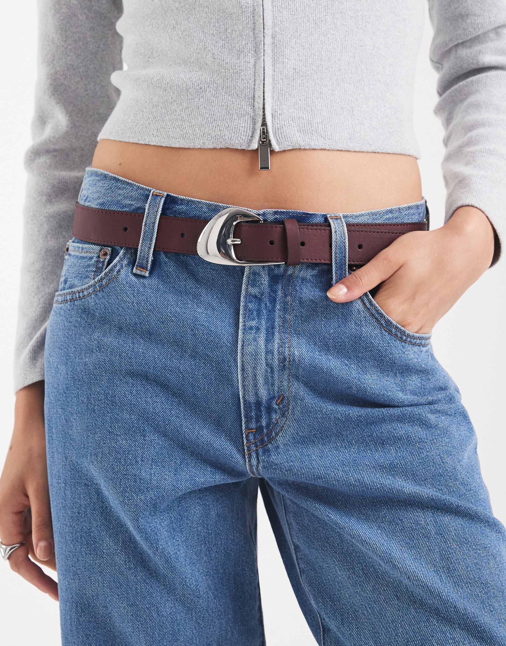 asos design angled buckle waist and hip jeans belt in burgundy