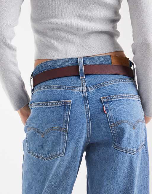 ASOS DESIGN angled buckle waist and hip jeans belt in burgundy