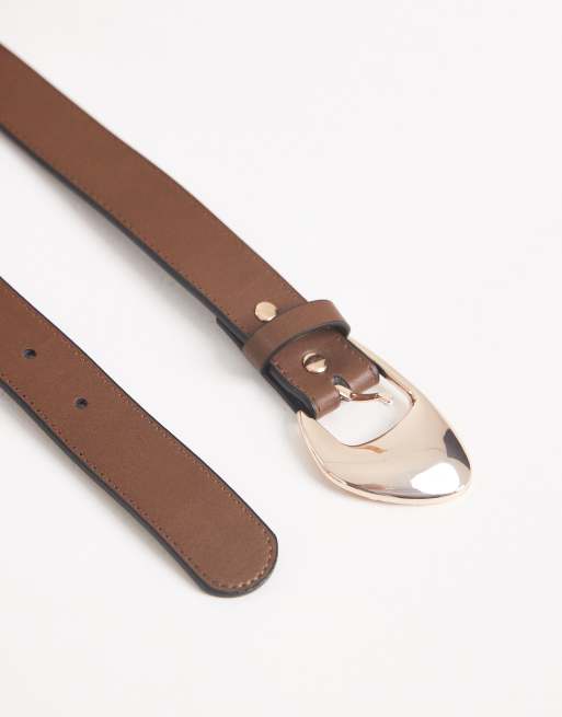ASOS DESIGN angled buckle waist and hip jeans belt in chocolate
