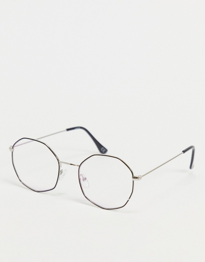 ASOS DESIGN angled fine frame clear lens fashion glasses with blue flash lens