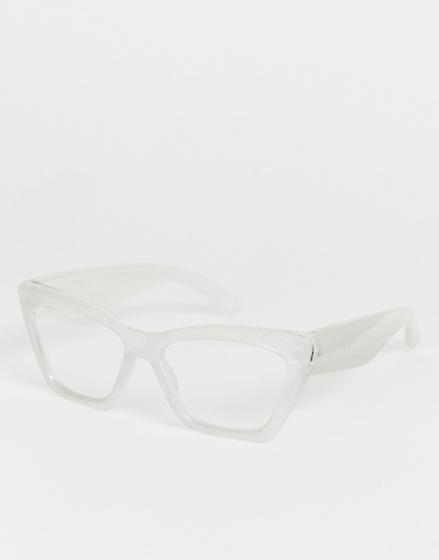 ASOS DESIGN angled plastic crystal square in iridescent with clear lens-White