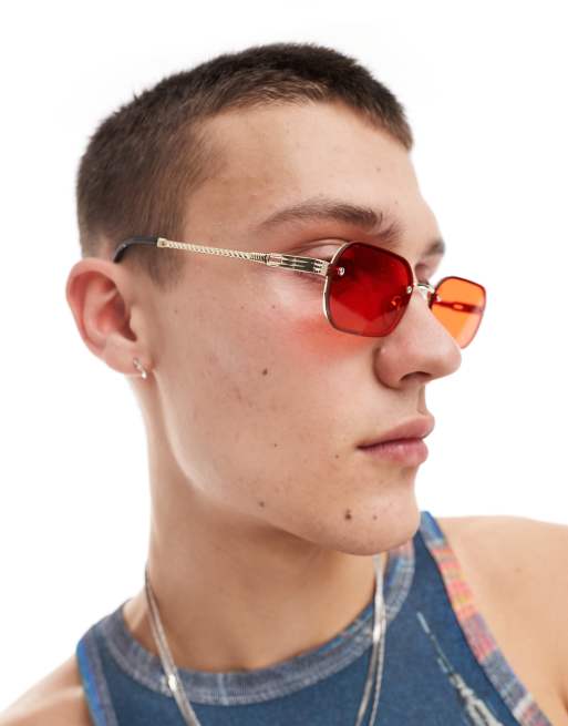 FhyzicsShops DESIGN angled rectangle sunglasses with red lens in gold