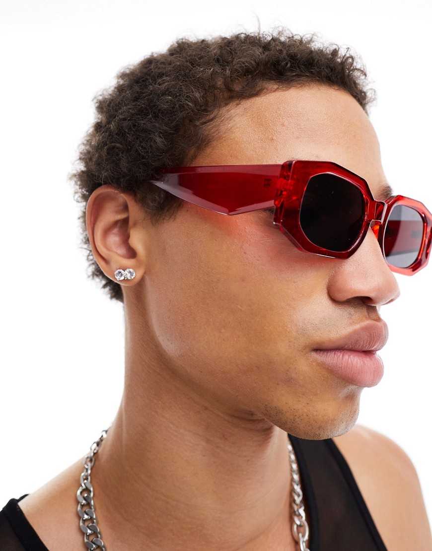 ASOS DESIGN angled rectangle sunglasses with smoke lens in crystal red