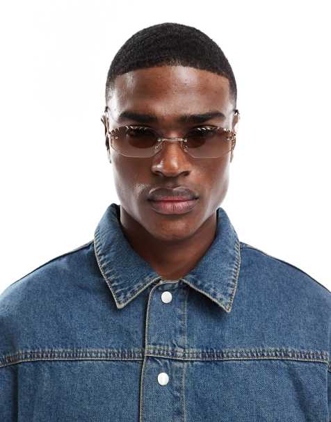 ASOS DESIGN angled rimless 90's sunglasses in gold tone with brown lens - view 1