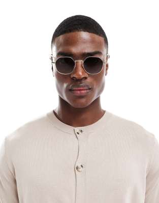 Asos Design Angled Round Sunglasses In Gold With Smoke Grad Lens