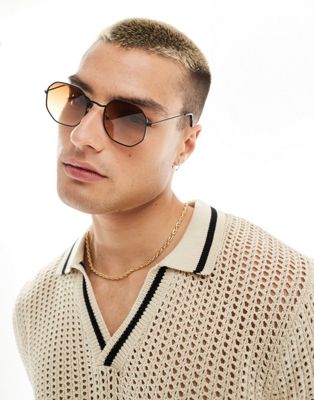Asos Design Angled Round Metal Sunglasses With Smoke Gradient Lens In Gold-black