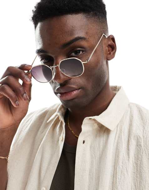 ASOS DESIGN angled round metal sunglasses with smoke gradient lens in gold - view 1