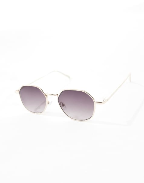 ASOS DESIGN angled round metal sunglasses with smoke gradient lens in gold - view 2