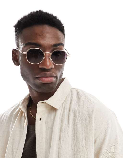 ASOS DESIGN angled round metal sunglasses with smoke gradient lens in gold