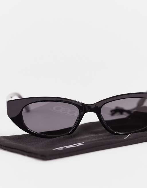 ASOS DESIGN angled slim cat eye sunglasses in shiny black - BLACK, 2 of 4