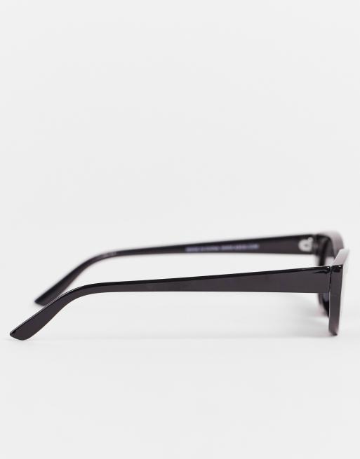 ASOS DESIGN angled slim cat eye sunglasses in shiny black - BLACK, 3 of 4