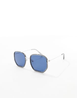 Asos Design Angled Square Sunglasses With Gray Crystal Frame And Blue Lens With Metal Detailing In Gray