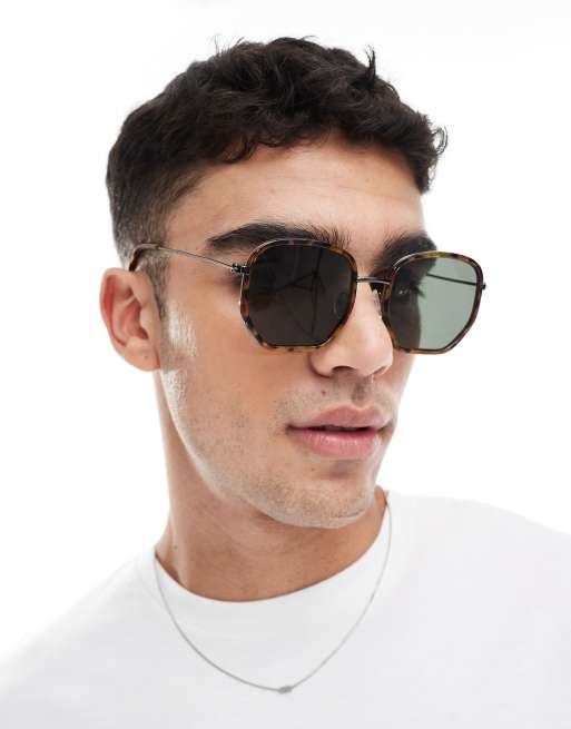 ASOS DESIGN angled square sunglasses with tortoiseshell frame and green lenses