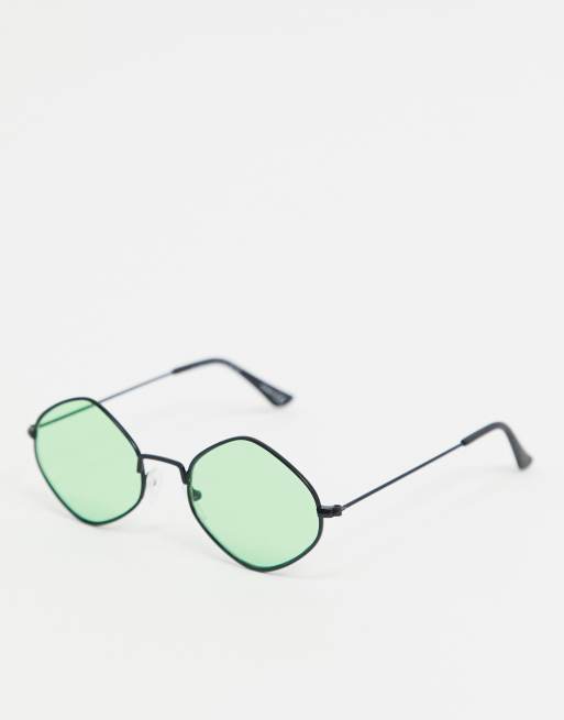 ASOS DESIGN angled sunglasses in black metal with green lens