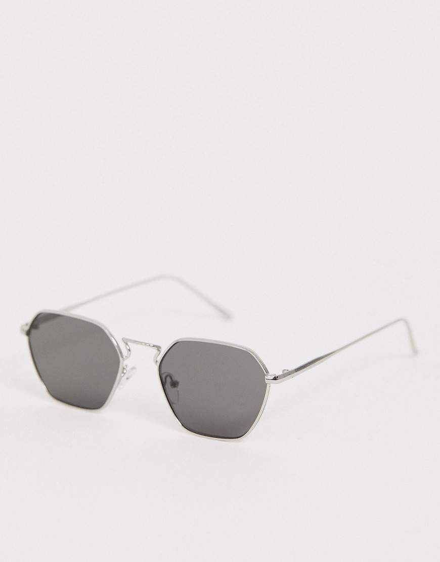ASOS DESIGN angled sunglasses in silver metal with smoke lens
