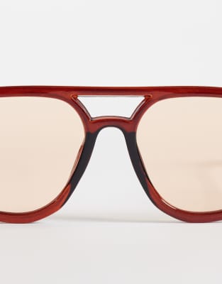 Asos Design Angular Aviator Sunglasses In Brown