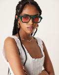 [ASOS DESIGN] ASOS DESIGN angular aviator sunglasses in dark teal with pink lens-Blue No Size Dark blue