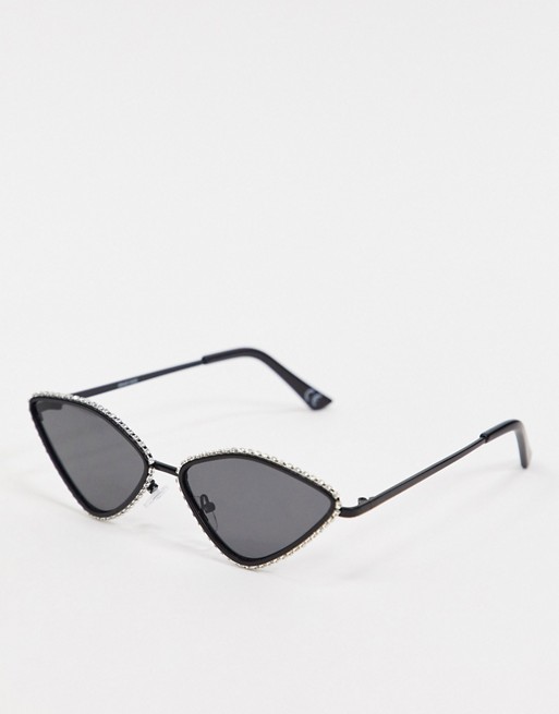 ASOS DESIGN angular cat eye sunglasses in matt black with diamante detail