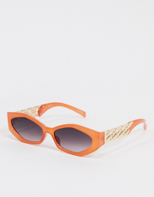 ASOS DESIGN angular cat eye sunglasses with chain arm detail in orange