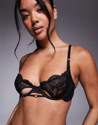 Asos Design Anika Lace & Mesh Cut-out Underwire Bra With Ring Details In Black