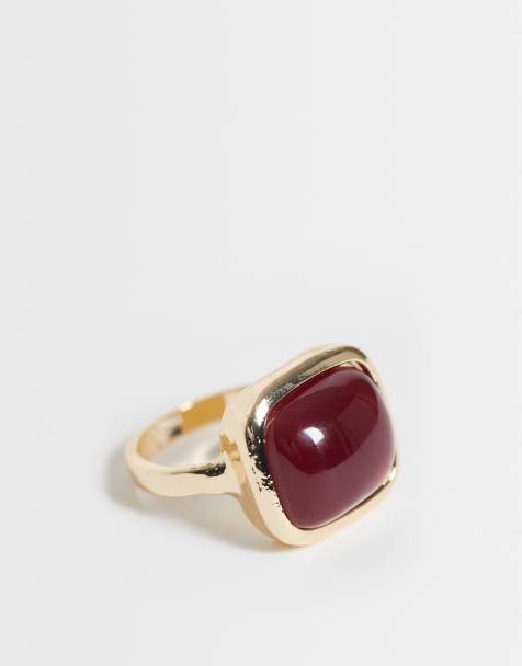 ASOS DESIGN - anillo con piedra cuadrada de resina burdeos en tono dorado - view 1
