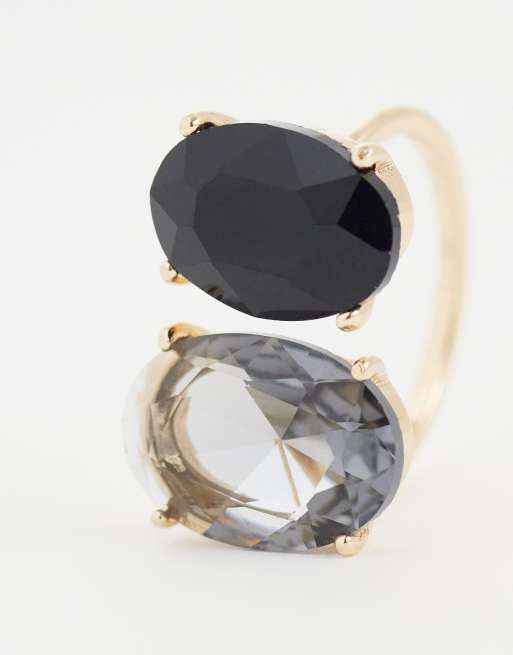 ASOS DESIGN - Anillo dorado con engaste de piedras negras y transparentes dobles, 3 de 3