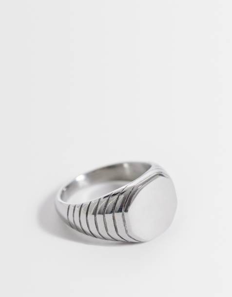 ASOS DESIGN - Anillo plateado tipo sello octogonal de acero inoxidable resistente al agua con detalle de línea grabada en el borde - view 1