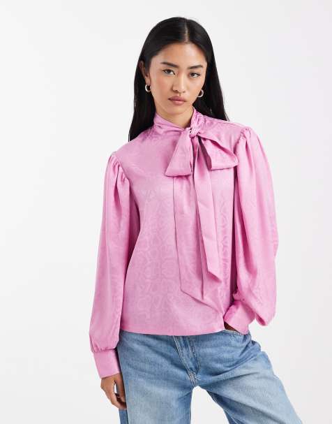 ASOS DESIGN animal jacquard tie neck blouse in pink - view 1