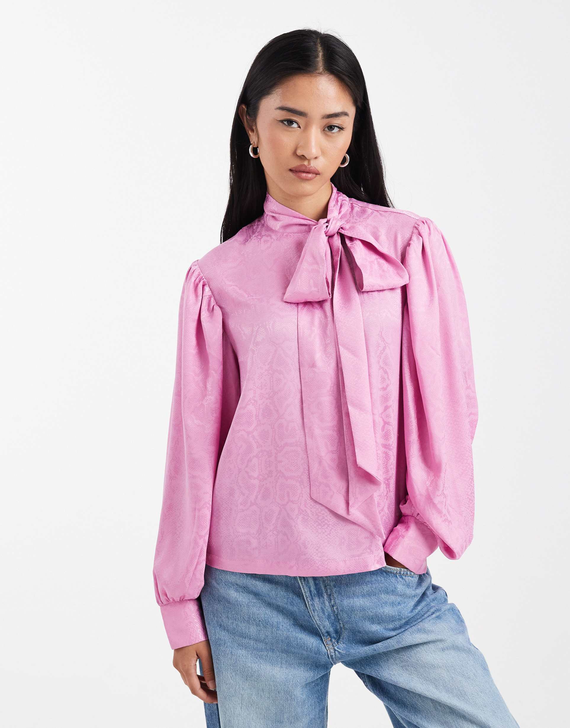 asos design animal jacquard tie neck blouse in pink