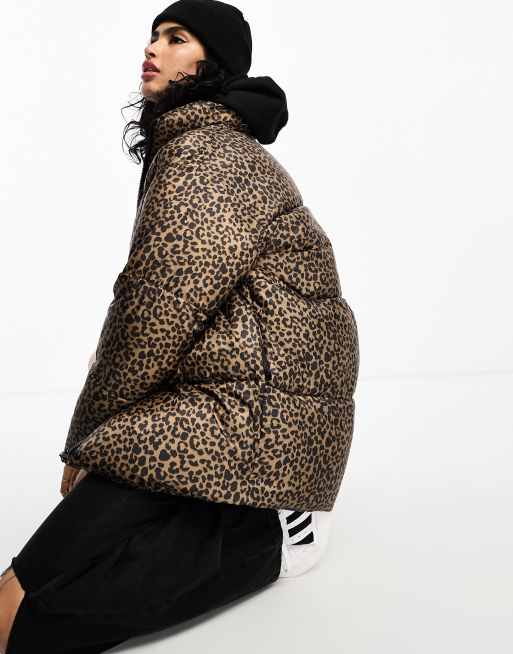 Leopard print puffer jacket with hood hot sale